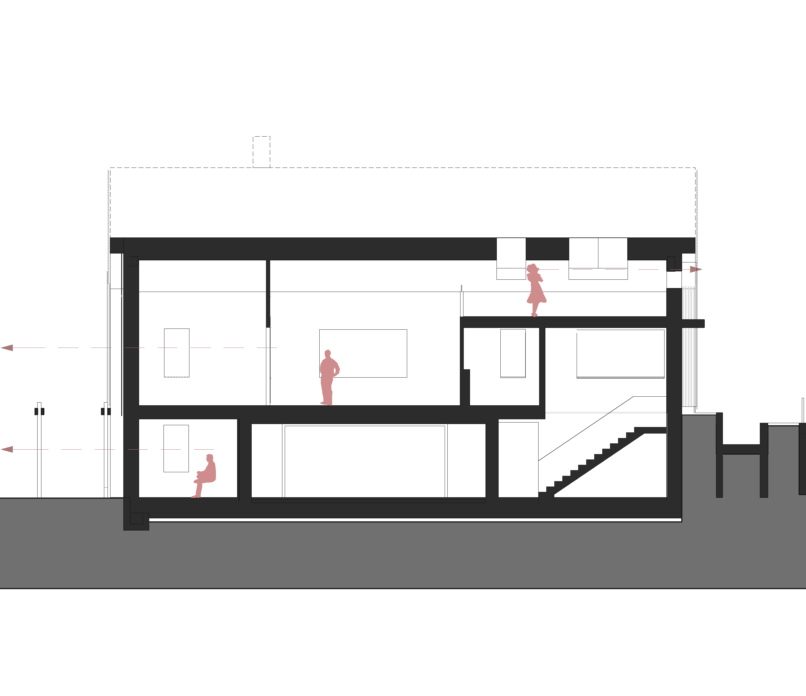 Neubau Haus RLS, Pöllau, Längsschnitt 1 durch Wohnzimmer